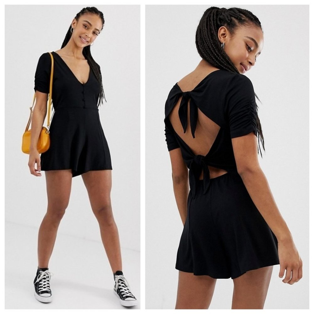 ASOS Black Bow Tie Back Plunge Button Front Romper